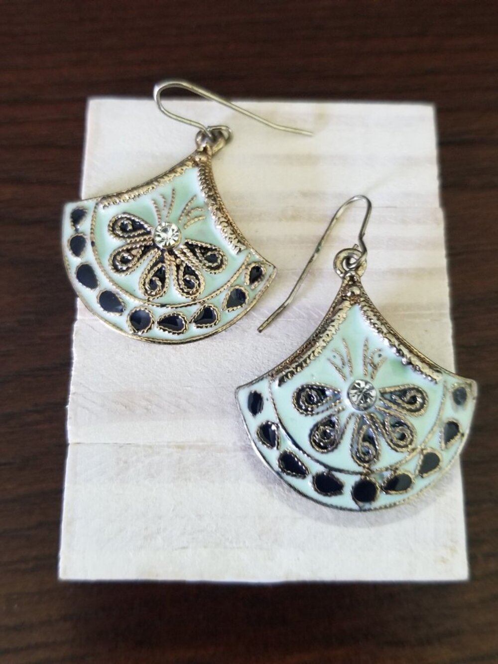 Fan Shaped Dangle Earrings Pale Turquoise and Black Enamel Inlay Gold Plated